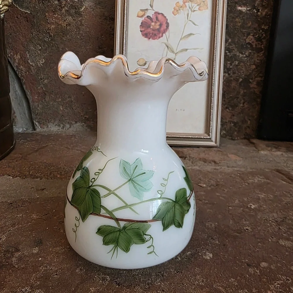 Vintage Consolidated Milk Glass Ivy Vase Hand Painted Ruffled Gold Rim 6 Inch